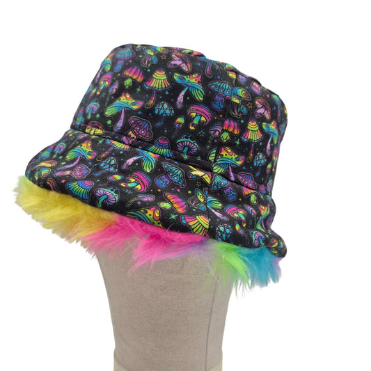 Reversible rainbow shrooms bucket hat - long rainbow fur