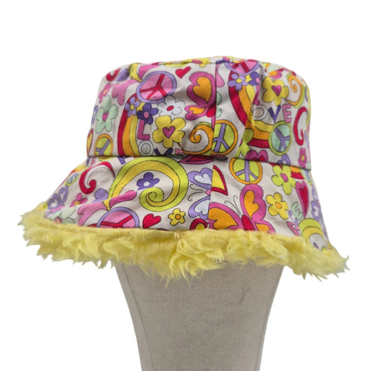 Reversible hippie bucket hat - peace and love with yellow fur
