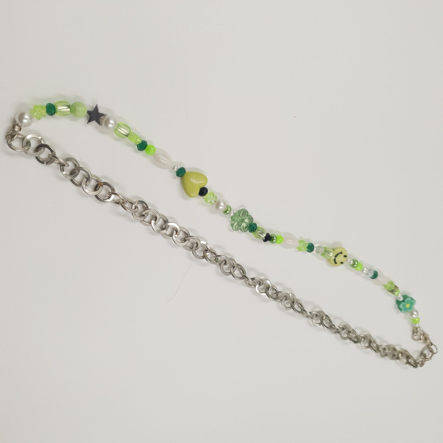 Half Beads, Half Chain Necklace - Green