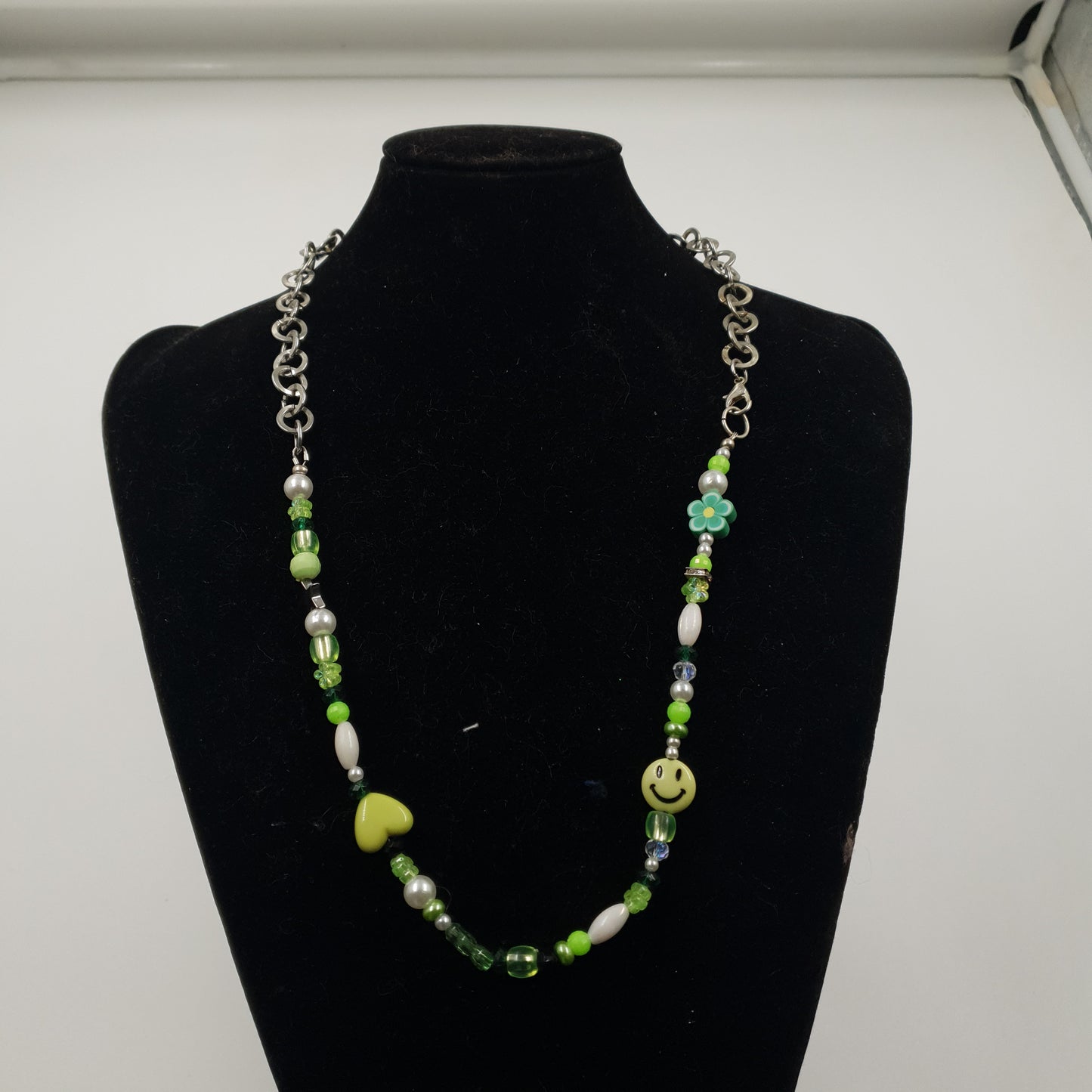 Half Beads, Half Chain Necklace - Green