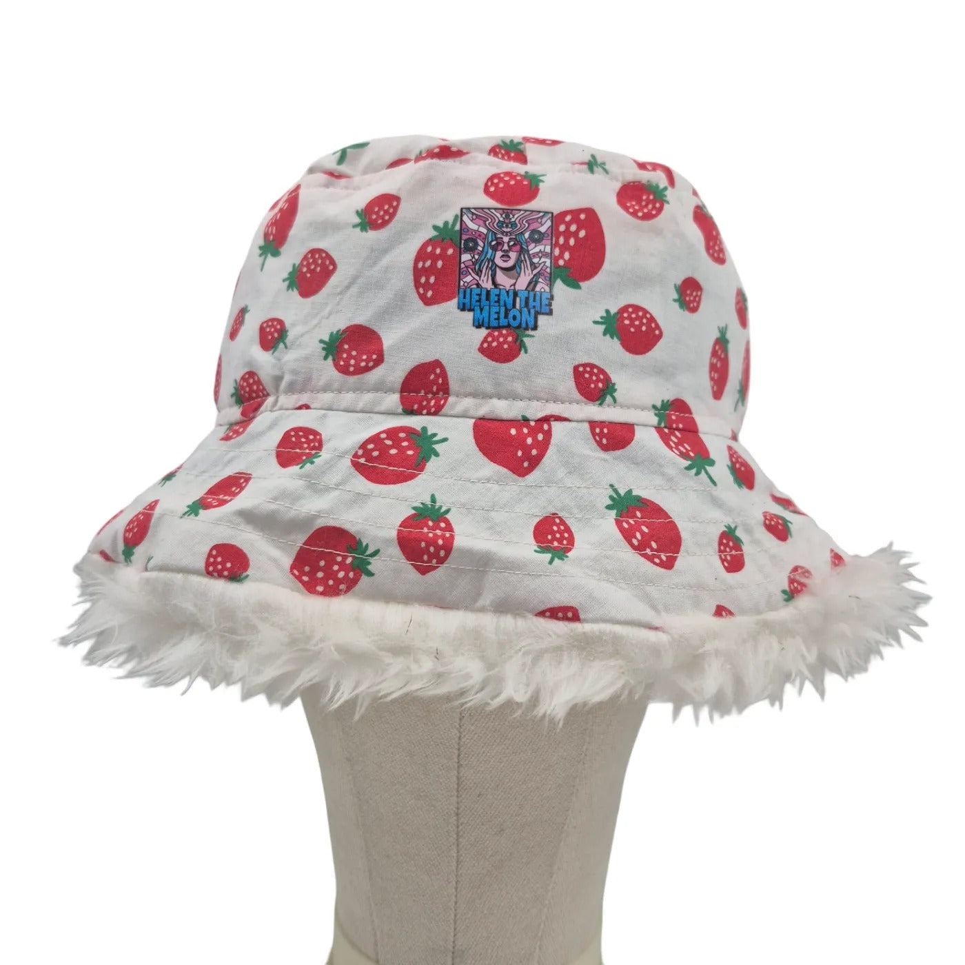 Reversible strawberry bucket hat - red green white fur