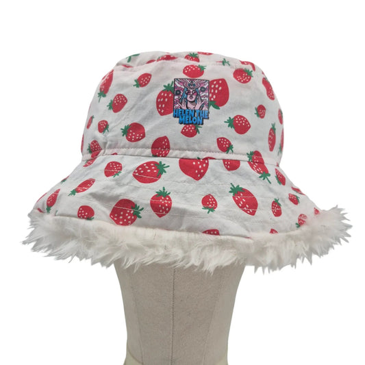 Reversible strawberry bucket hat - red green white fur