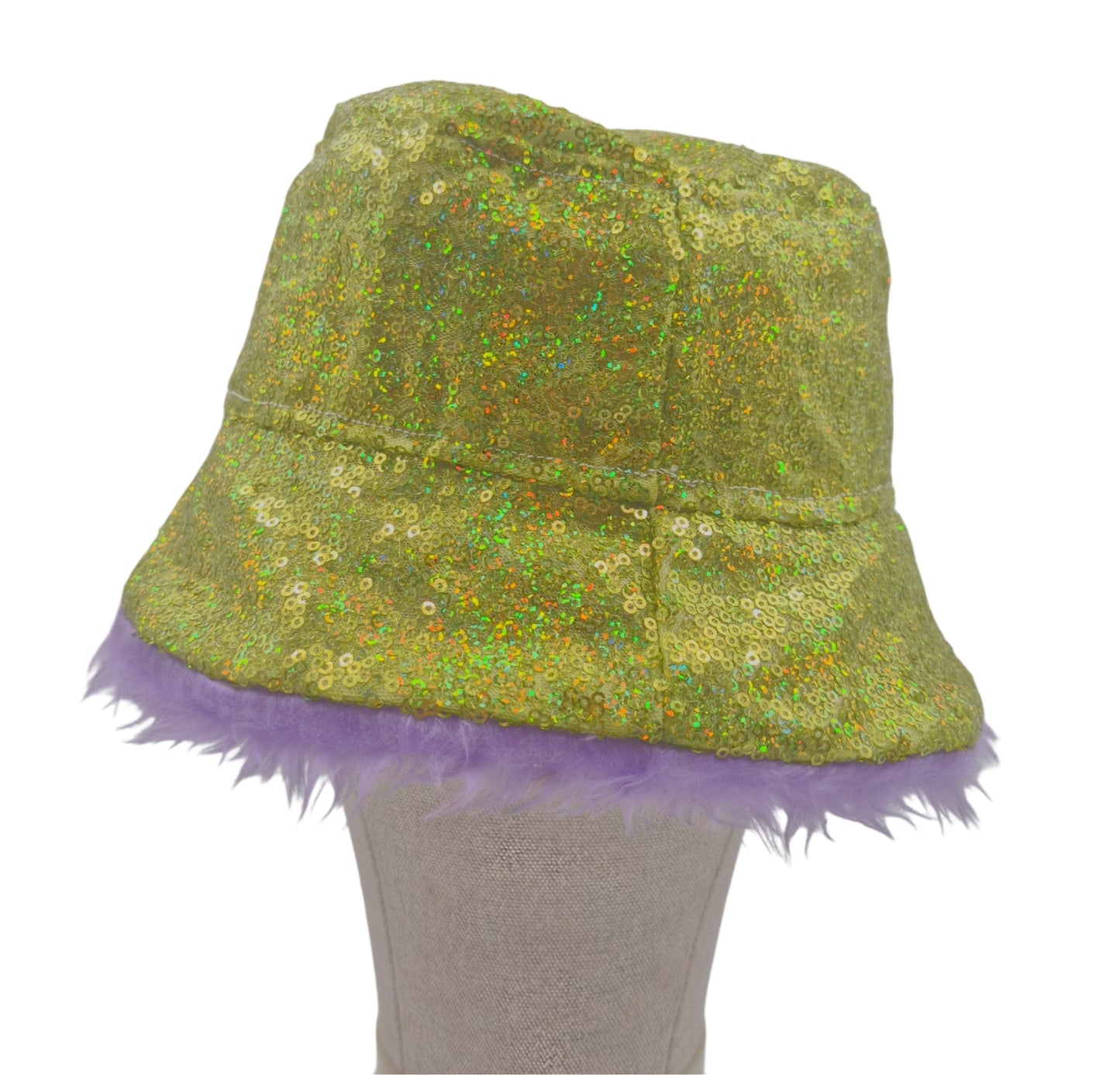 Reversible sequin green bucket hat - purple fur inside
