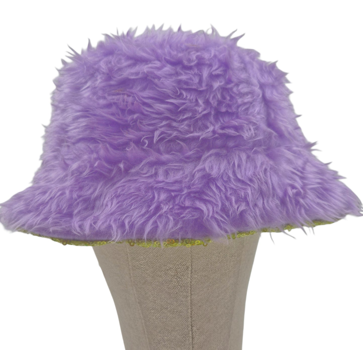 Reversible sequin green bucket hat - purple fur inside