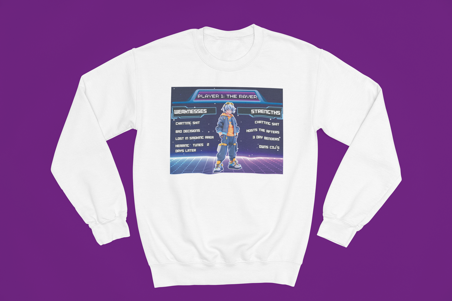 PLAYER 1 : The Raver – The Drum & Bass Bible Collab - White Sweatshirt