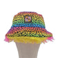 Reversible rainbow leopard print bucket hat - rainbow long fur