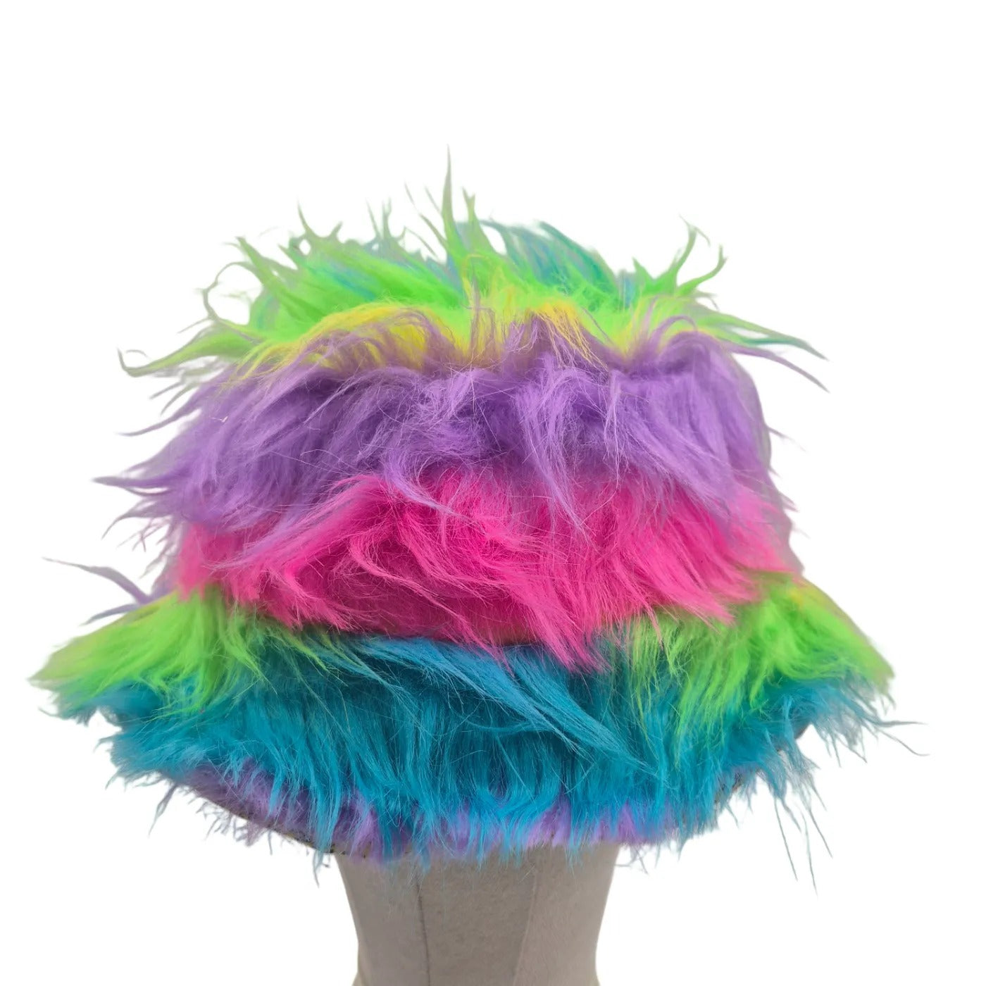 Reversible rainbow leopard print bucket hat - rainbow long fur