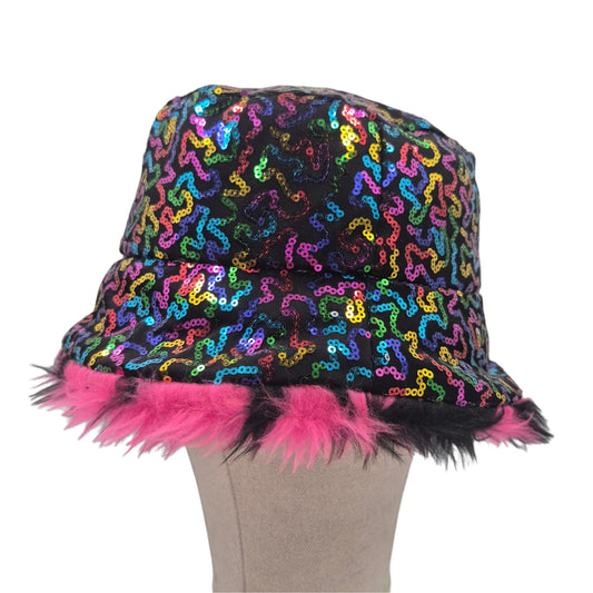 Reversible rainbow sequin bucket hat - hot pink tiger fur