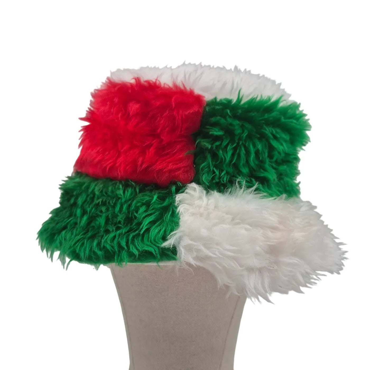 Reversible strawberry bucket hat - red green white fur