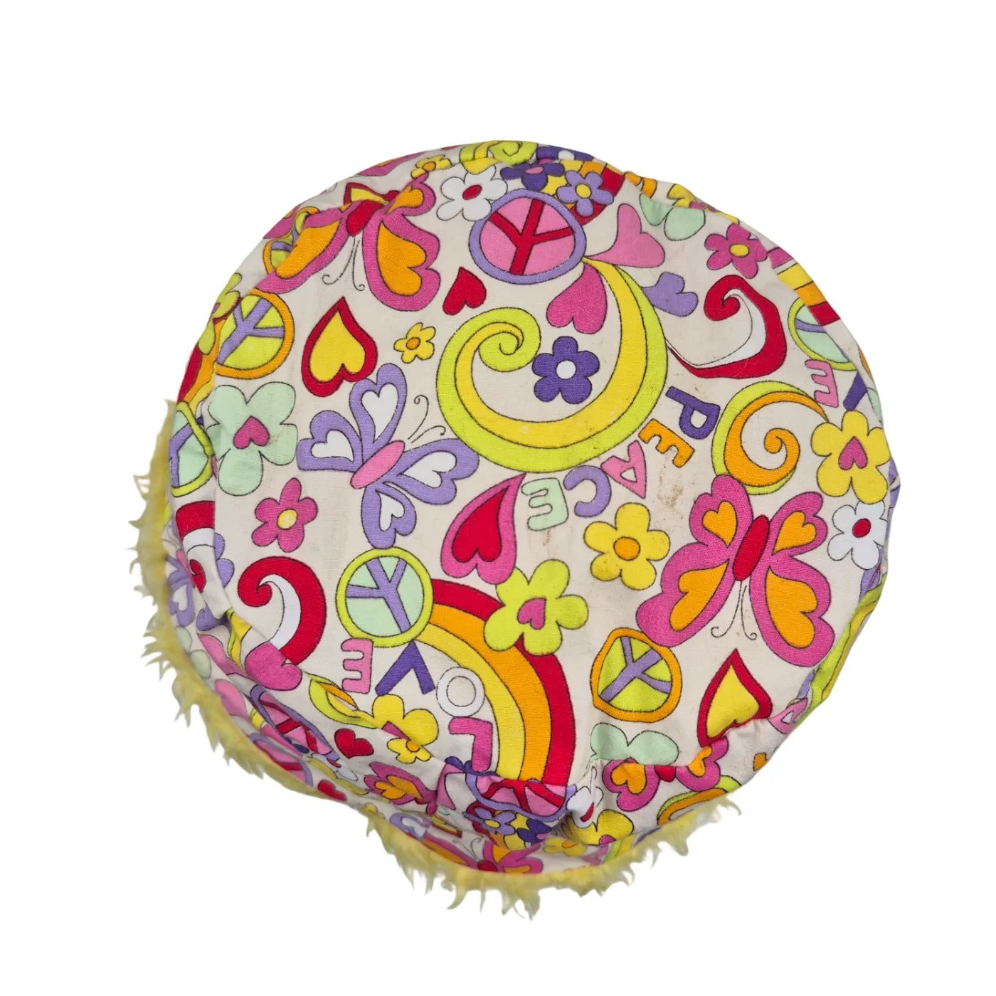 Reversible hippie bucket hat - peace and love with yellow fur