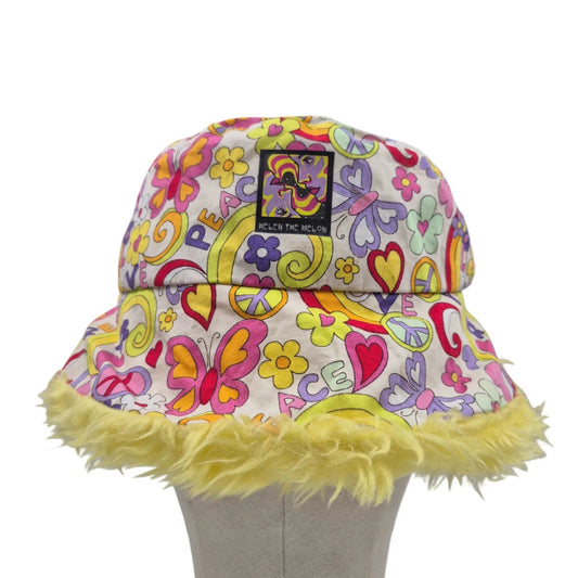 Reversible hippie bucket hat - peace and love with yellow fur