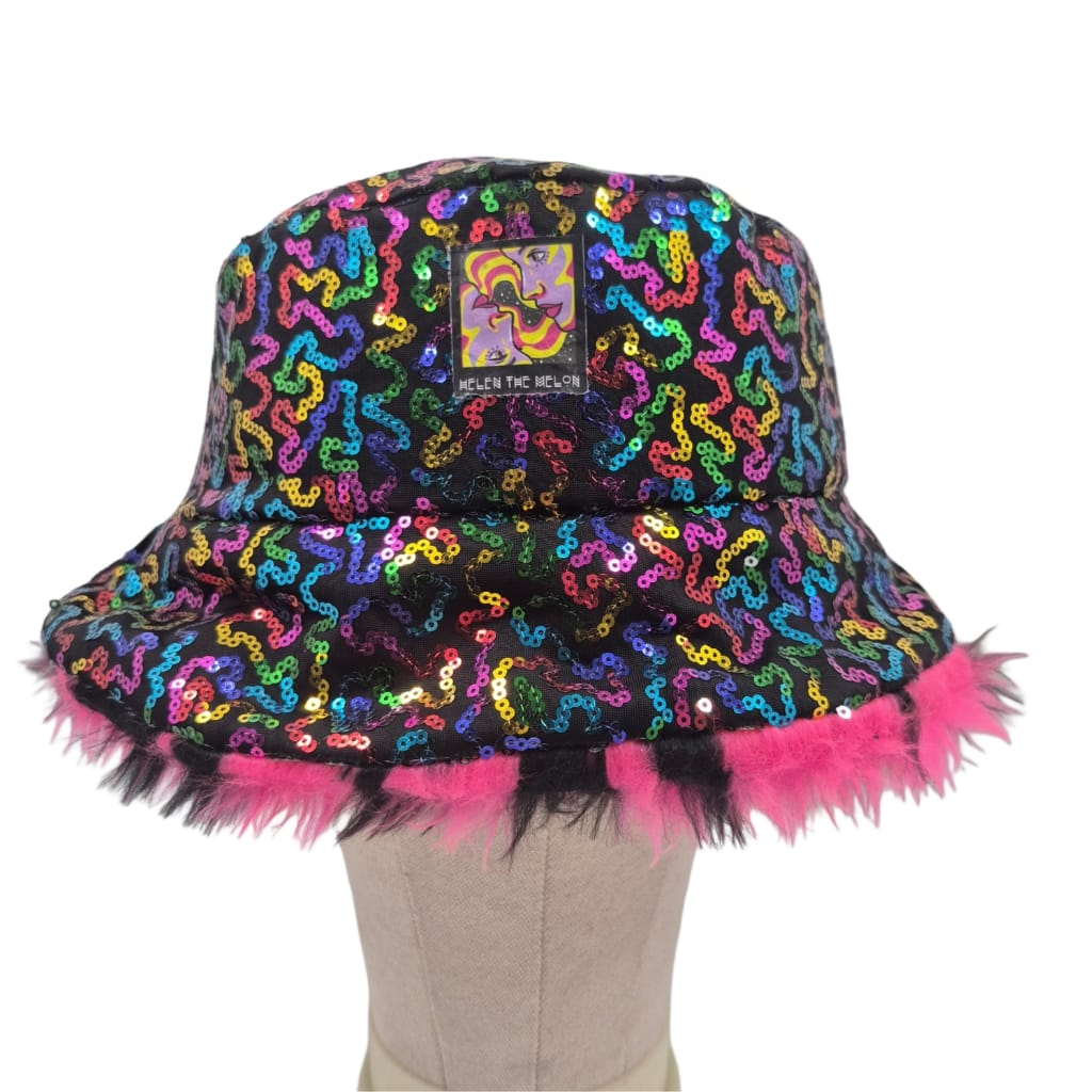 Reversible rainbow sequin bucket hat - hot pink tiger fur