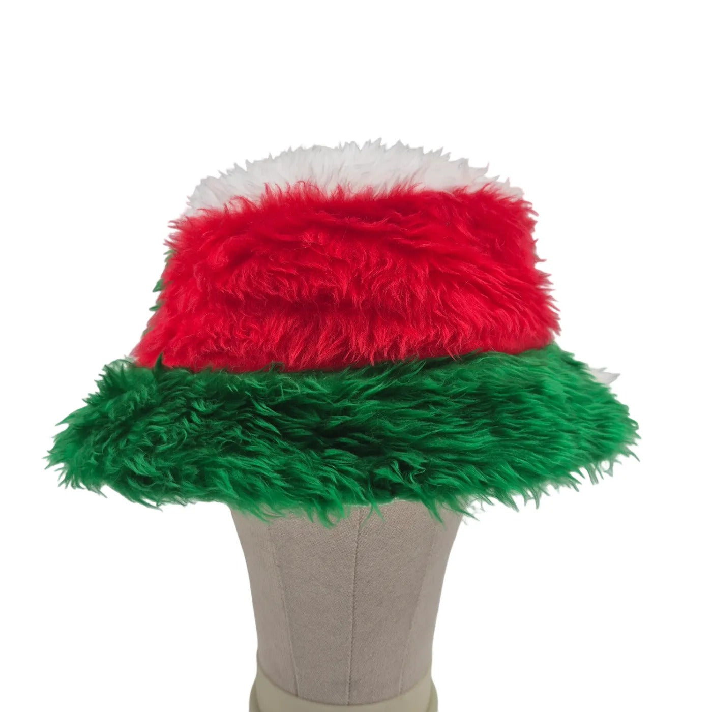 Reversible strawberry bucket hat - red green white fur