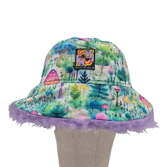 Reversible forest shroom bucket hat - lilac fur