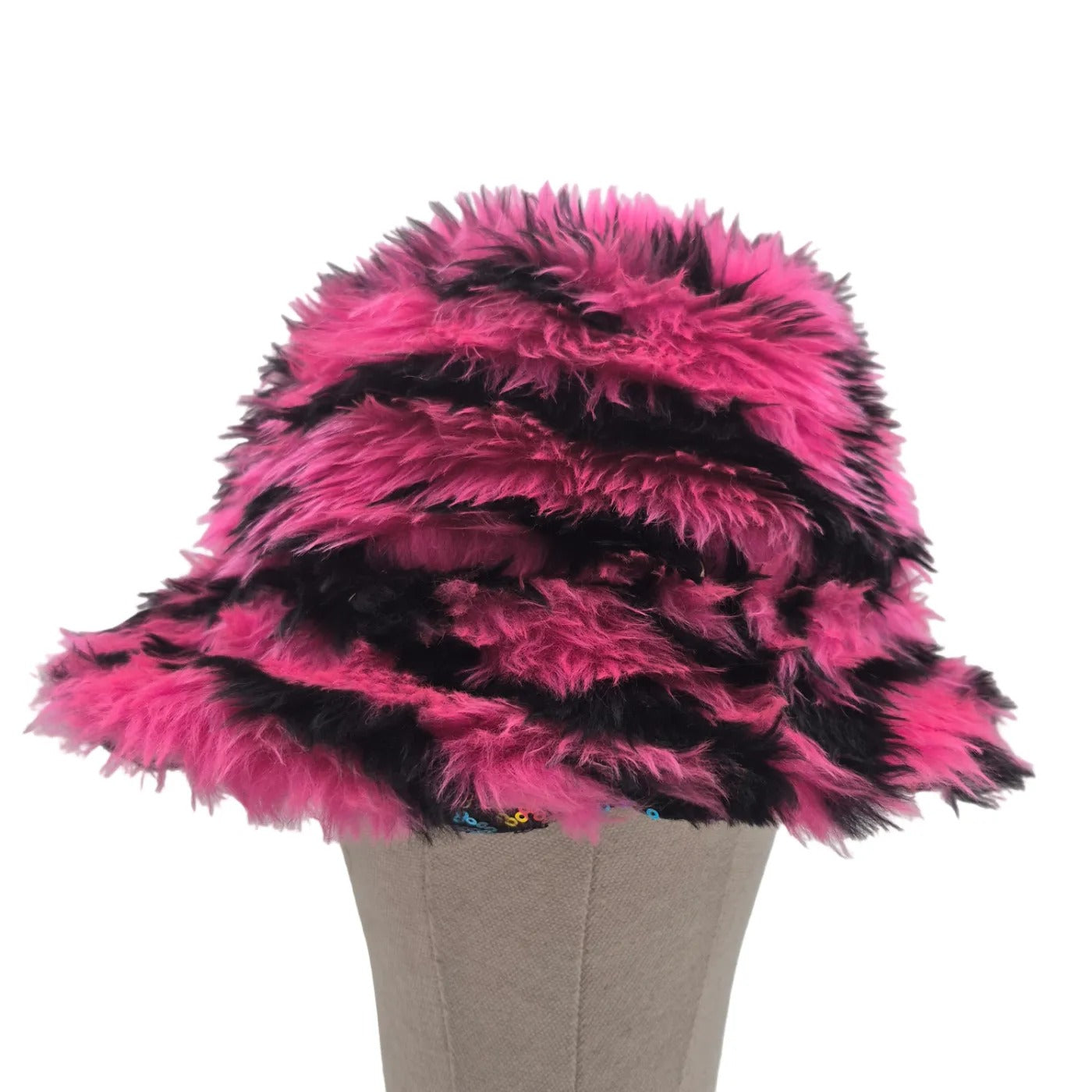 Reversible rainbow sequin bucket hat - hot pink tiger fur