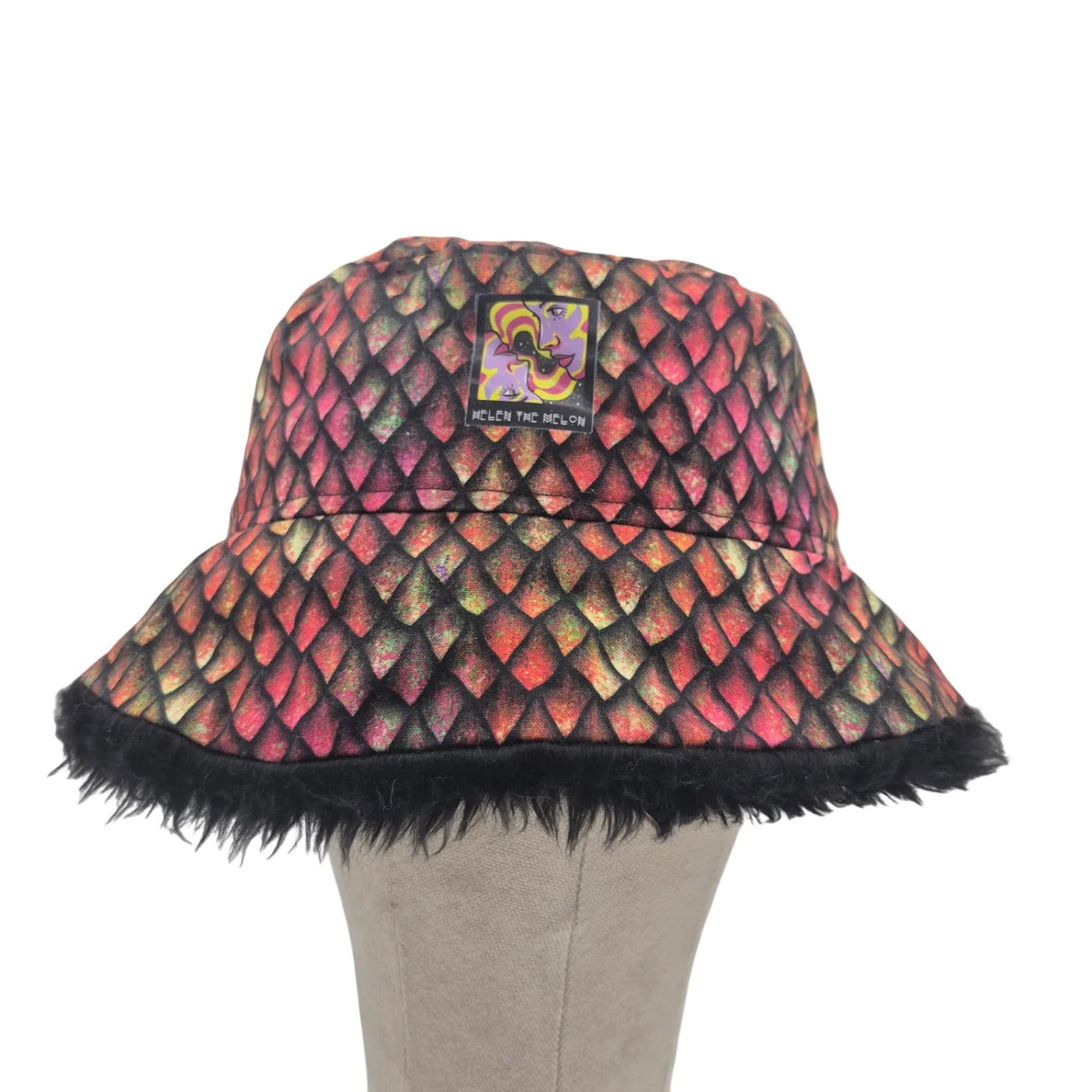 Reversible dragon scales print bucket hat - black fur