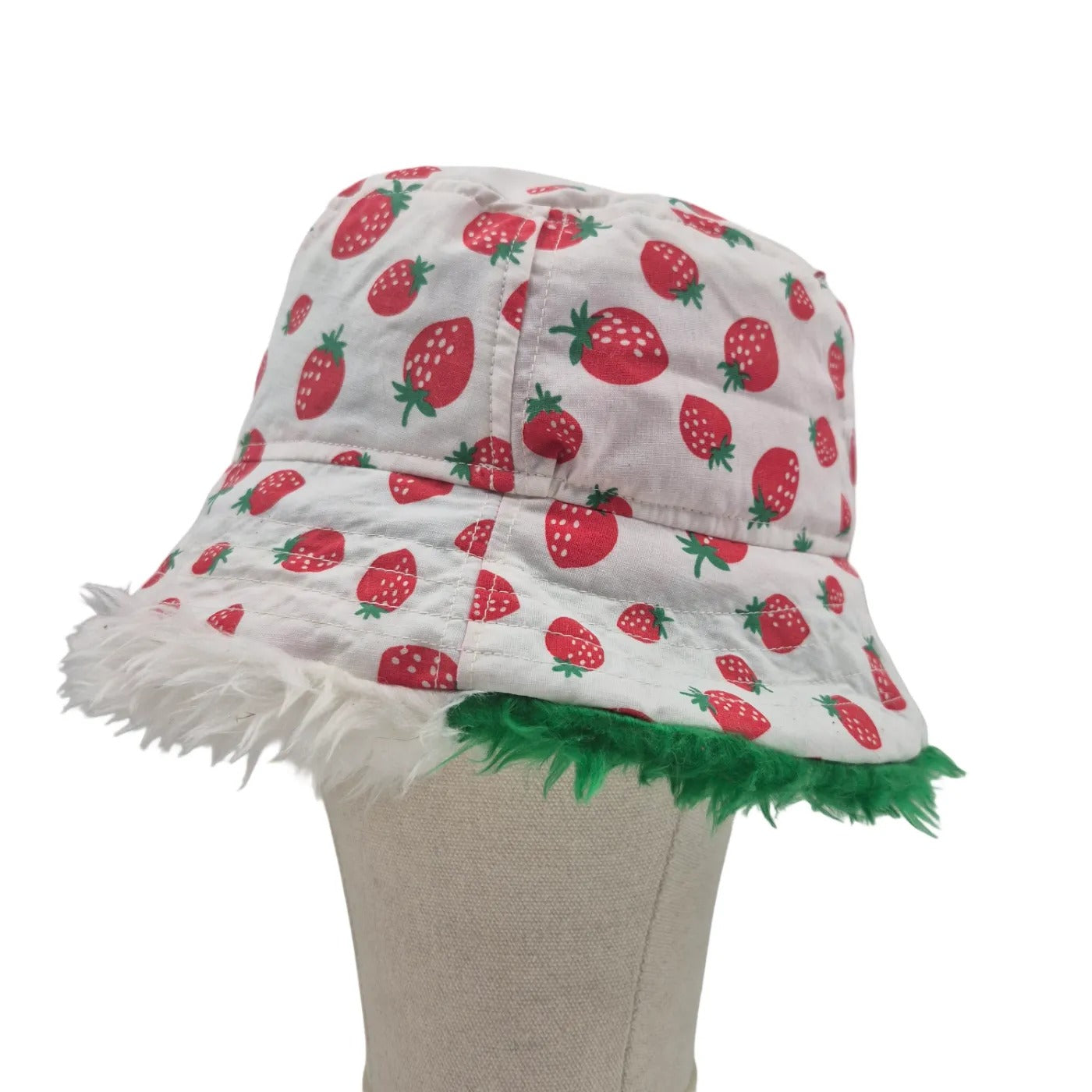 Reversible strawberry bucket hat - red green white fur